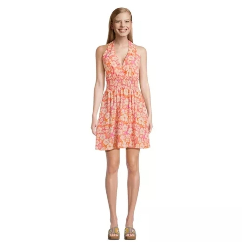 4/$15 Floral Halter Neck Dress - Pink Orange Y2k Fashion Women's Plus
